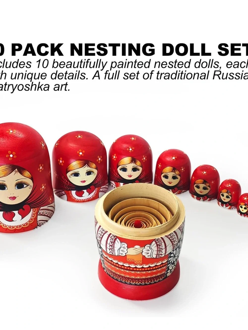Traditional Russian Red Matryoshka Nesting Doll Set - 10 Pieces